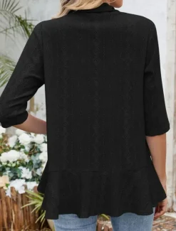 Hot Women's Casual Jacket Breathable Comfortable Ruffle Casual Plain Vacation Street Casual Daily Wear Open Front Regular Collarless Regular Fit 3/4 Length Sleeve Outerwear Black White Pink Summer Spring Women Jackets|Coats & Trench Coats