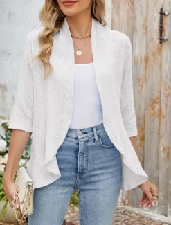 Hot Women's Casual Jacket Breathable Comfortable Ruffle Casual Plain Vacation Street Casual Daily Wear Open Front Regular Collarless Regular Fit 3/4 Length Sleeve Outerwear Black White Pink Summer Spring Women Jackets|Coats & Trench Coats