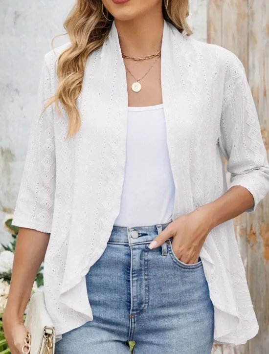 Hot Women's Casual Jacket Breathable Comfortable Ruffle Casual Plain Vacation Street Casual Daily Wear Open Front Regular Collarless Regular Fit 3/4 Length Sleeve Outerwear Black White Pink Summer Spring Women Jackets|Coats & Trench Coats