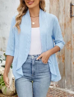 Hot Women's Casual Jacket Breathable Comfortable Ruffle Casual Plain Vacation Street Casual Daily Wear Open Front Regular Collarless Regular Fit 3/4 Length Sleeve Outerwear Black White Pink Summer Spring Women Jackets|Coats & Trench Coats