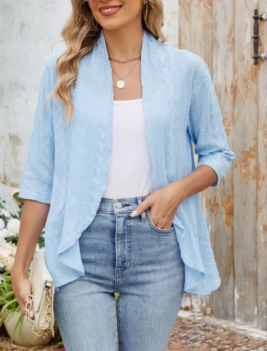 Hot Women's Casual Jacket Breathable Comfortable Ruffle Casual Plain Vacation Street Casual Daily Wear Open Front Regular Collarless Regular Fit 3/4 Length Sleeve Outerwear Black White Pink Summer Spring Women Jackets|Coats & Trench Coats