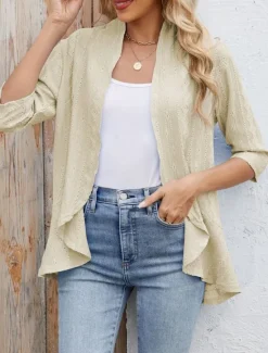 Hot Women's Casual Jacket Breathable Comfortable Ruffle Casual Plain Vacation Street Casual Daily Wear Open Front Regular Collarless Regular Fit 3/4 Length Sleeve Outerwear Black White Pink Summer Spring Women Jackets|Coats & Trench Coats