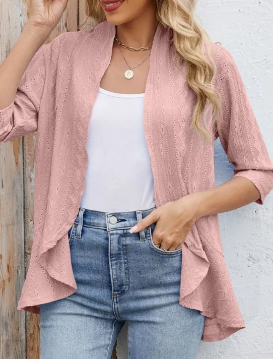 Hot Women's Casual Jacket Breathable Comfortable Ruffle Casual Plain Vacation Street Casual Daily Wear Open Front Regular Collarless Regular Fit 3/4 Length Sleeve Outerwear Black White Pink Summer Spring Women Jackets|Coats & Trench Coats