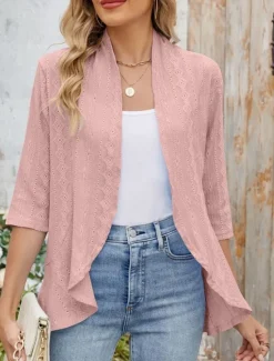 Hot Women's Casual Jacket Breathable Comfortable Ruffle Casual Plain Vacation Street Casual Daily Wear Open Front Regular Collarless Regular Fit 3/4 Length Sleeve Outerwear Black White Pink Summer Spring Women Jackets|Coats & Trench Coats