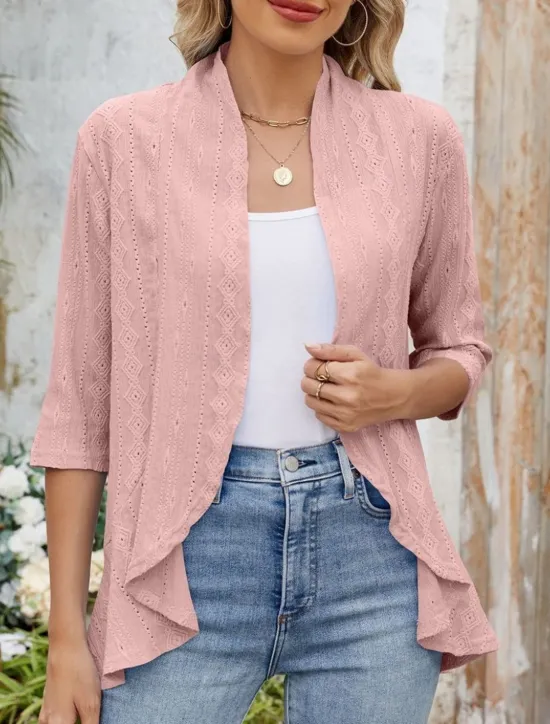 Hot Women's Casual Jacket Breathable Comfortable Ruffle Casual Plain Vacation Street Casual Daily Wear Open Front Regular Collarless Regular Fit 3/4 Length Sleeve Outerwear Black White Pink Summer Spring Women Jackets|Coats & Trench Coats