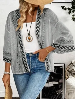 Women's Casual Jacket Breathable Comfortable Patchwork Casual Plain Vacation Street Casual Daily Wear Open Front Regular Collarless Regular Fit 3/4 Length Sleeve Outerwear Khaki Gray Summer Spring Women Coats & Trench Coats