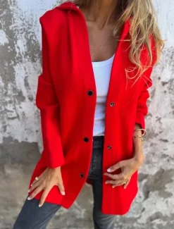 Sale Women's Casual Jacket Breathable Comfortable Buttons Pocket Casual Plain Vacation Street Casual Daily Wear Single Breasted Long Hooded Regular Fit Long Sleeve Outerwear Red Orange Drak Red Summer Women Jackets|Coats & Trench Coats
