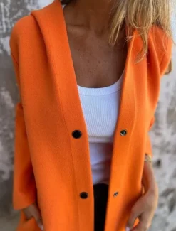 Sale Women's Casual Jacket Breathable Comfortable Buttons Pocket Casual Plain Vacation Street Casual Daily Wear Single Breasted Long Hooded Regular Fit Long Sleeve Outerwear Red Orange Drak Red Summer Women Jackets|Coats & Trench Coats