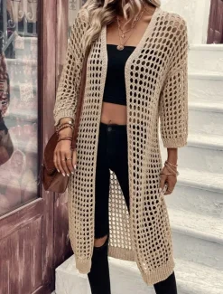 Women's Casual Jacket Breathable Comfortable Cut Out Casual Plain Vacation Street Casual Daily Wear Open Front Long Collarless Regular Fit 3/4 Length Sleeve Outerwear Black Apricot Spring Women Jackets|Coats & Trench Coats