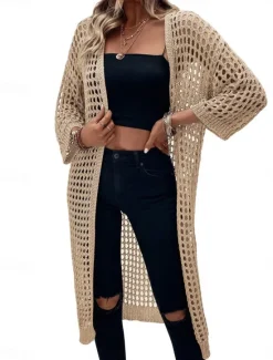Women's Casual Jacket Breathable Comfortable Cut Out Casual Plain Vacation Street Casual Daily Wear Open Front Long Collarless Regular Fit 3/4 Length Sleeve Outerwear Black Apricot Spring Women Jackets|Coats & Trench Coats