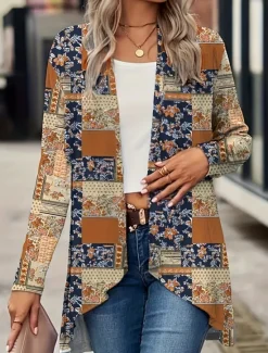 Women's Casual Jacket Breathable Comfortable Print Vintage Casual Floral Vacation Street Casual Daily Wear Open Front Regular Collarless Regular Fit Long Sleeve Outerwear Black And White Black Yellow Women Coats & Trench Coats