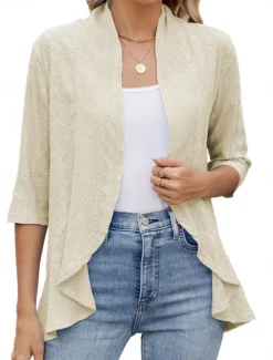 Clearance Women's Casual Jacket Comfortable Breathable Ruffle Cut Out Casual Plain Vacation Street Daily Wear Going out Open Front Regular Collarless Regular Fit 3/4 Length Sleeve Outerwear Black White Pink Women Coats & Trench Coats