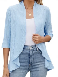 Clearance Women's Casual Jacket Comfortable Breathable Ruffle Cut Out Casual Plain Vacation Street Daily Wear Going out Open Front Regular Collarless Regular Fit 3/4 Length Sleeve Outerwear Black White Pink Women Coats & Trench Coats