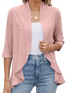 Clearance Women's Casual Jacket Comfortable Breathable Ruffle Cut Out Casual Plain Vacation Street Daily Wear Going out Open Front Regular Collarless Regular Fit 3/4 Length Sleeve Outerwear Black White Pink Women Coats & Trench Coats