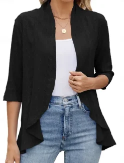 Clearance Women's Casual Jacket Comfortable Breathable Ruffle Cut Out Casual Plain Vacation Street Daily Wear Going out Open Front Regular Collarless Regular Fit 3/4 Length Sleeve Outerwear Black White Pink Women Coats & Trench Coats