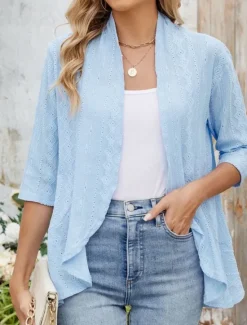 Clearance Women's Casual Jacket Comfortable Breathable Ruffle Cut Out Casual Plain Vacation Street Daily Wear Going out Open Front Regular Collarless Regular Fit 3/4 Length Sleeve Outerwear Black White Pink Women Coats & Trench Coats