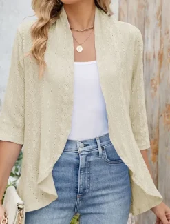 Clearance Women's Casual Jacket Comfortable Breathable Ruffle Cut Out Casual Plain Vacation Street Daily Wear Going out Open Front Regular Collarless Regular Fit 3/4 Length Sleeve Outerwear Black White Pink Women Coats & Trench Coats