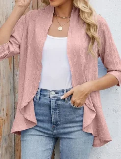Clearance Women's Casual Jacket Comfortable Breathable Ruffle Cut Out Casual Plain Vacation Street Daily Wear Going out Open Front Regular Collarless Regular Fit 3/4 Length Sleeve Outerwear Black White Pink Women Coats & Trench Coats