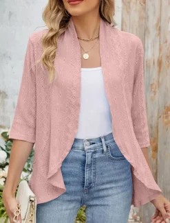 Clearance Women's Casual Jacket Comfortable Breathable Ruffle Cut Out Casual Plain Vacation Street Daily Wear Going out Open Front Regular Collarless Regular Fit 3/4 Length Sleeve Outerwear Black White Pink Women Coats & Trench Coats