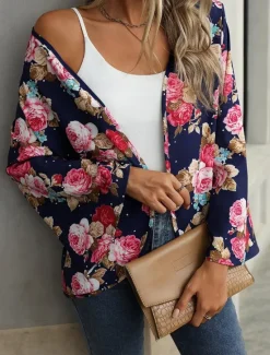 Best Women's Casual Jacket Comfortable Breathable Print Casual Floral Vacation Street Casual Daily Wear Open Front Short Collarless Regular Fit Long Sleeve Outerwear Summer Spring Women Jackets|Coats & Trench Coats