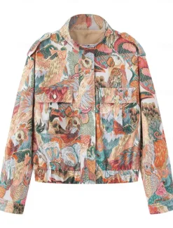 Discount Women's Casual Jacket Comfortable Zipper Boho Vintage Floral School Vacation Home Office Short Stand Collar Regular Fit Long Sleeve Outerwear Spring Fall Women Jackets