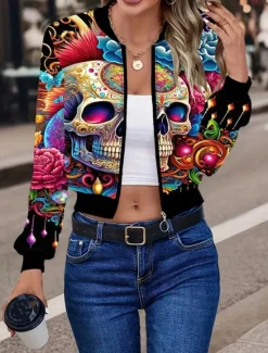 Hot Women's Casual Jacket Comfortable Breathable Print Active Vintage Fashion Daily Skull Casual Regular Stand Collar Regular Fit Long Sleeve Outerwear Dark Pink Camouflage Spring Fall Women Jackets