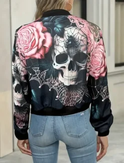 Hot Women's Casual Jacket Comfortable Breathable Print Active Vintage Fashion Daily Skull Casual Regular Stand Collar Regular Fit Long Sleeve Outerwear Dark Pink Camouflage Spring Fall Women Jackets