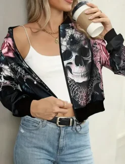 Hot Women's Casual Jacket Comfortable Breathable Print Active Vintage Fashion Daily Skull Casual Regular Stand Collar Regular Fit Long Sleeve Outerwear Dark Pink Camouflage Spring Fall Women Jackets