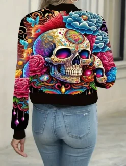 Hot Women's Casual Jacket Comfortable Breathable Print Active Vintage Fashion Daily Skull Casual Regular Stand Collar Regular Fit Long Sleeve Outerwear Dark Pink Camouflage Spring Fall Women Jackets