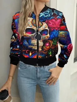 Hot Women's Casual Jacket Comfortable Breathable Print Active Vintage Fashion Daily Skull Casual Regular Stand Collar Regular Fit Long Sleeve Outerwear Dark Pink Camouflage Spring Fall Women Jackets