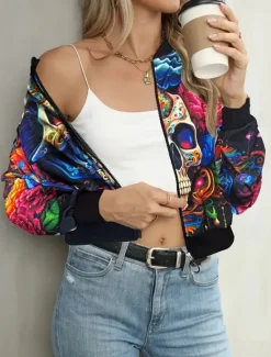 Hot Women's Casual Jacket Comfortable Breathable Print Active Vintage Fashion Daily Skull Casual Regular Stand Collar Regular Fit Long Sleeve Outerwear Dark Pink Camouflage Spring Fall Women Jackets