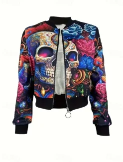 Hot Women's Casual Jacket Comfortable Breathable Print Active Vintage Fashion Daily Skull Casual Regular Stand Collar Regular Fit Long Sleeve Outerwear Dark Pink Camouflage Spring Fall Women Jackets