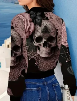 Hot Women's Casual Jacket Comfortable Breathable Print Active Vintage Fashion Daily Skull Casual Regular Stand Collar Regular Fit Long Sleeve Outerwear Dark Pink Camouflage Spring Fall Women Jackets