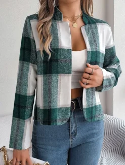 Discount Women's Casual Jacket Comfortable Breathable Print Casual Plaid Vacation Street Daily Wear Going out Open Front Short Stand Collar Regular Fit Long Sleeve Outerwear Navy Red Green Summer Spring Women Jackets|Coats & Trench Coats