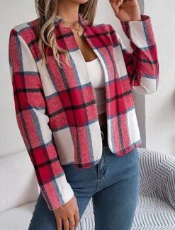 Discount Women's Casual Jacket Comfortable Breathable Print Casual Plaid Vacation Street Daily Wear Going out Open Front Short Stand Collar Regular Fit Long Sleeve Outerwear Navy Red Green Summer Spring Women Jackets|Coats & Trench Coats