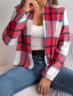 Discount Women's Casual Jacket Comfortable Breathable Print Casual Plaid Vacation Street Daily Wear Going out Open Front Short Stand Collar Regular Fit Long Sleeve Outerwear Navy Red Green Summer Spring Women Jackets|Coats & Trench Coats