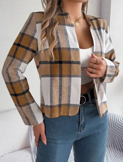 Discount Women's Casual Jacket Comfortable Breathable Print Casual Plaid Vacation Street Daily Wear Going out Open Front Short Stand Collar Regular Fit Long Sleeve Outerwear Navy Red Green Summer Spring Women Jackets|Coats & Trench Coats