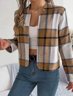 Discount Women's Casual Jacket Comfortable Breathable Print Casual Plaid Vacation Street Daily Wear Going out Open Front Short Stand Collar Regular Fit Long Sleeve Outerwear Navy Red Green Summer Spring Women Jackets|Coats & Trench Coats