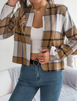 Discount Women's Casual Jacket Comfortable Breathable Print Casual Plaid Vacation Street Daily Wear Going out Open Front Short Stand Collar Regular Fit Long Sleeve Outerwear Navy Red Green Summer Spring Women Jackets|Coats & Trench Coats