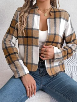 Discount Women's Casual Jacket Comfortable Breathable Print Casual Plaid Vacation Street Daily Wear Going out Open Front Short Stand Collar Regular Fit Long Sleeve Outerwear Navy Red Green Summer Spring Women Jackets|Coats & Trench Coats