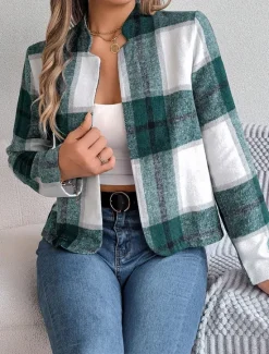 Discount Women's Casual Jacket Comfortable Breathable Print Casual Plaid Vacation Street Daily Wear Going out Open Front Short Stand Collar Regular Fit Long Sleeve Outerwear Navy Red Green Summer Spring Women Jackets|Coats & Trench Coats