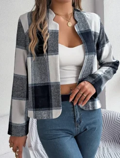 Discount Women's Casual Jacket Comfortable Breathable Print Casual Plaid Vacation Street Daily Wear Going out Open Front Short Stand Collar Regular Fit Long Sleeve Outerwear Navy Red Green Summer Spring Women Jackets|Coats & Trench Coats