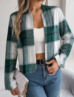 Discount Women's Casual Jacket Comfortable Breathable Print Casual Plaid Vacation Street Daily Wear Going out Open Front Short Stand Collar Regular Fit Long Sleeve Outerwear Navy Red Green Summer Spring Women Jackets|Coats & Trench Coats