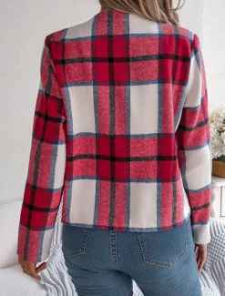Discount Women's Casual Jacket Comfortable Breathable Print Casual Plaid Vacation Street Daily Wear Going out Open Front Short Stand Collar Regular Fit Long Sleeve Outerwear Navy Red Green Summer Spring Women Jackets|Coats & Trench Coats
