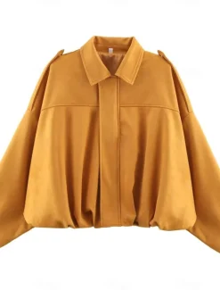Discount Women's Casual Jacket Comfortable Breathable Pocket Buttons Casual Plain Vacation Street Casual Daily Wear Zipper Short Turndown Regular Fit Long Sleeve Outerwear Black Wine Orange Summer Spring Women Jackets