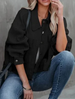 Best Women's Casual Jacket Comfortable Breathable Pocket Buttons Casual Plain Vacation Street Casual Daily Wear Single Breasted Short Turndown Regular Fit Long Sleeve Outerwear Black White Green Spring Women Jackets
