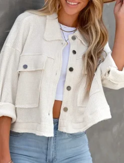 Best Women's Casual Jacket Comfortable Breathable Pocket Buttons Casual Plain Vacation Street Casual Daily Wear Single Breasted Short Turndown Regular Fit Long Sleeve Outerwear Black White Green Spring Women Jackets