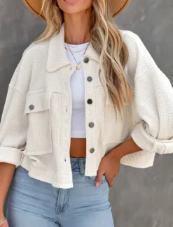 Best Women's Casual Jacket Comfortable Breathable Pocket Buttons Casual Plain Vacation Street Casual Daily Wear Single Breasted Short Turndown Regular Fit Long Sleeve Outerwear Black White Green Spring Women Jackets