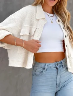 Best Women's Casual Jacket Comfortable Breathable Pocket Buttons Casual Plain Vacation Street Casual Daily Wear Single Breasted Short Turndown Regular Fit Long Sleeve Outerwear Black White Green Spring Women Jackets