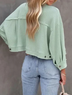 Best Women's Casual Jacket Comfortable Breathable Pocket Buttons Casual Plain Vacation Street Casual Daily Wear Single Breasted Short Turndown Regular Fit Long Sleeve Outerwear Black White Green Spring Women Jackets
